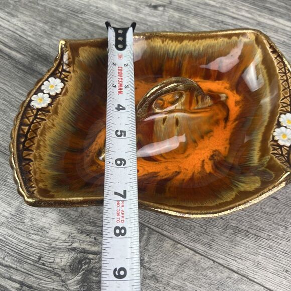 Vintage Mid Century Orange Lava Glazed Daisy Ceramic Chips and Dip Serving Bowl - Picture 7 of 8